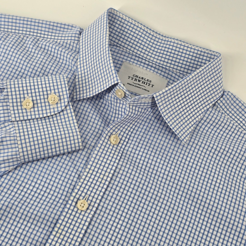Charles Tyrwhitt Shirt Mens 16.5 34 Blue Gingham Non-Iron Slim Fit Button Down